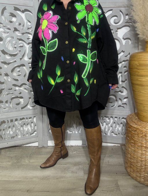 Surchemise en jeans noir oversize Fleurs sequins Painting Spirit Fly Out du 42 au 50 et même +