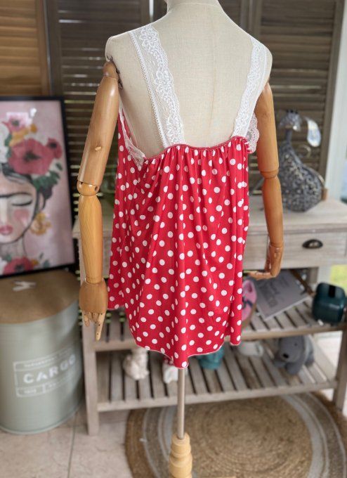 Caraco Débardeur Top trapèze satiné mat & dentelle rouge pois blancs Betty Boop du 40 au 52 