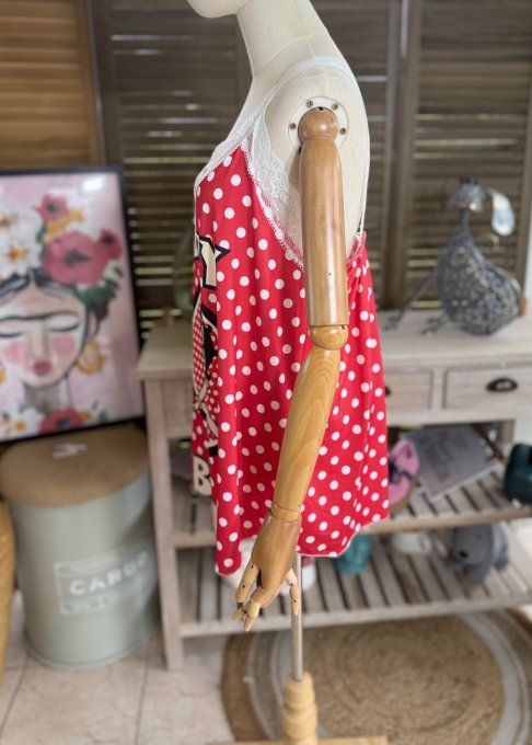 Caraco Débardeur Top trapèze satiné mat & dentelle rouge pois blancs Betty Boop du 40 au 52 