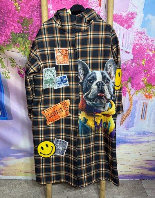 Manteau à capuche long Néoprène Tartan Chocolat Bouledogue du 36 au 46 et même + porté ouvert