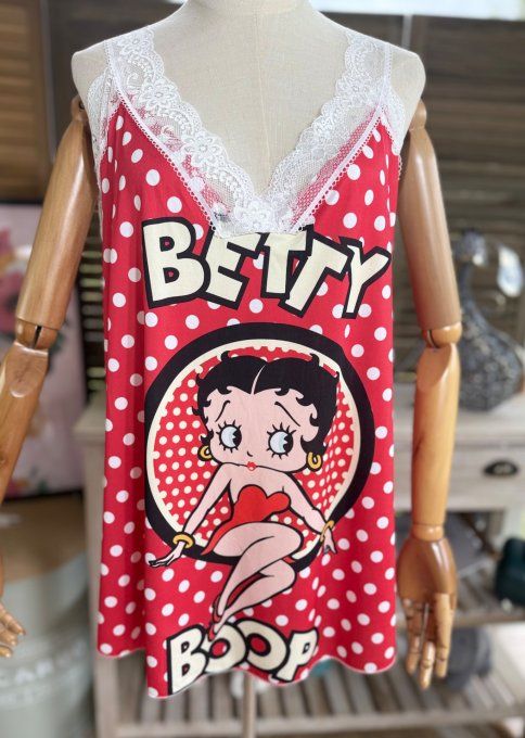 Caraco Débardeur Top trapèze satiné mat & dentelle rouge pois blancs Betty Boop du 40 au 52 
