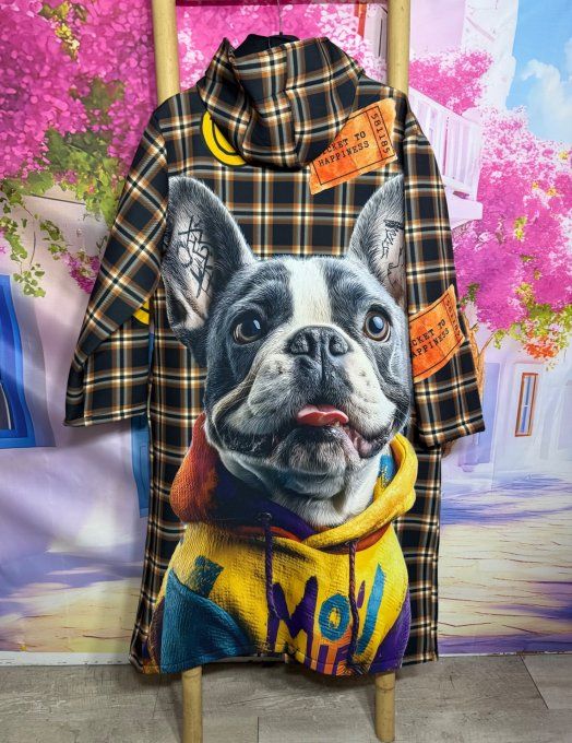Manteau à capuche long Néoprène Tartan Chocolat Bouledogue du 36 au 46 et même + porté ouvert