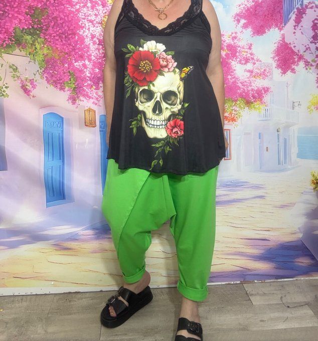 Caraco trapèze Lycra noir Skulls TDM & Red Flowers bretelles dentelle noire confort ++ du 40 au 52