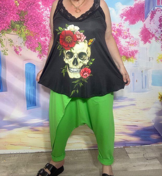 Caraco trapèze Lycra noir Skulls TDM & Red Flowers bretelles dentelle noire confort ++ du 40 au 52