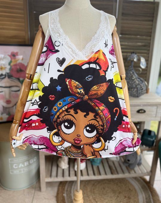 Caraco Débardeur Top trapèze satiné mat & dentelle African Pretty Girl du 40 au 52 