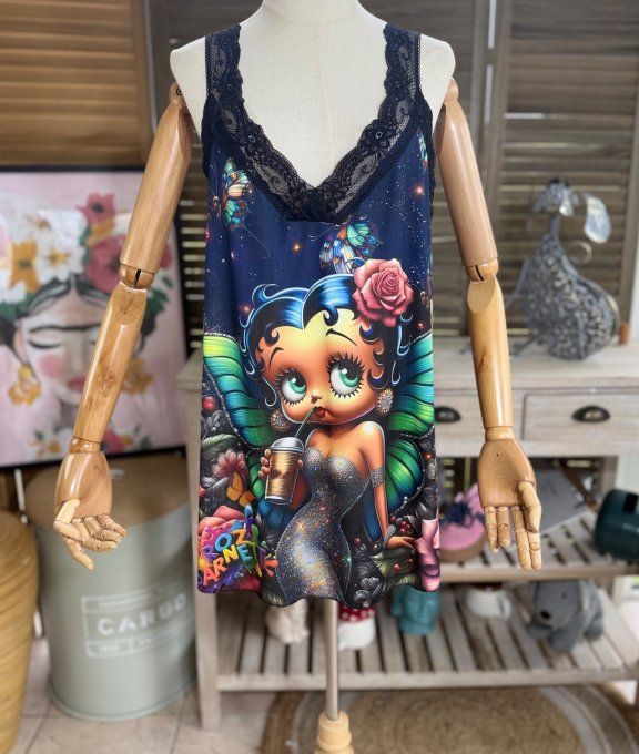 Caraco Débardeur Top trapèze satiné mat & dentelle Betty Boop Fée Papillon du 40 au 52 