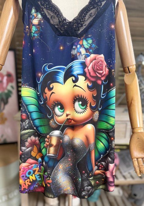 Caraco Débardeur Top trapèze satiné mat & dentelle Betty Boop Fée Papillon du 40 au 52 
