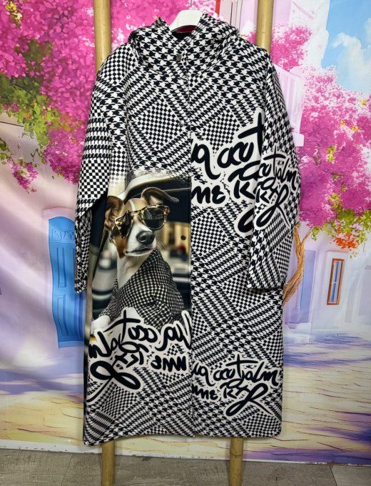 Manteau à capuche long Néoprène pieds de coq Teckel à lunettes du 36 au 46 et même + porté ouvert