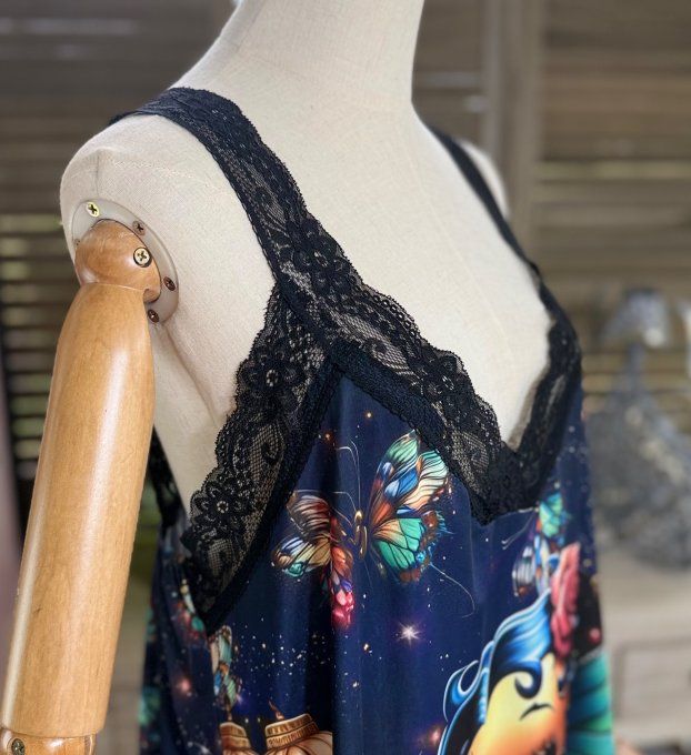 Caraco Débardeur Top trapèze satiné mat & dentelle Betty Boop Fée Papillon du 40 au 52 