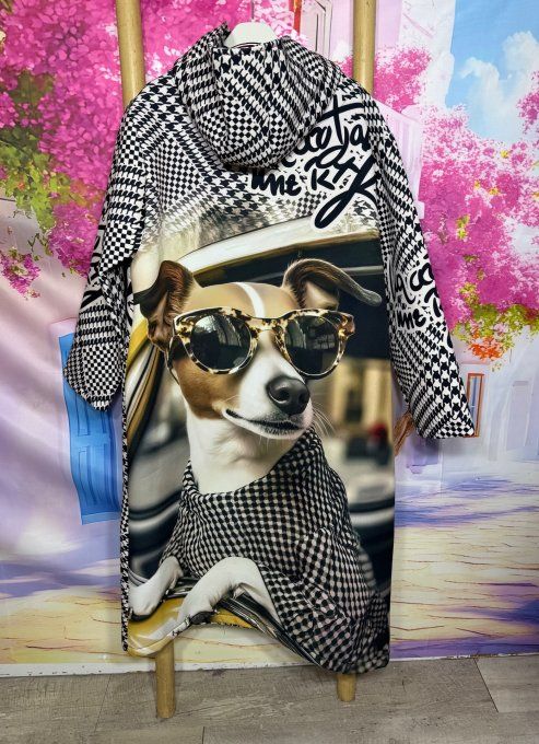 Manteau à capuche long Néoprène pieds de coq Teckel à lunettes du 36 au 46 et même + porté ouvert