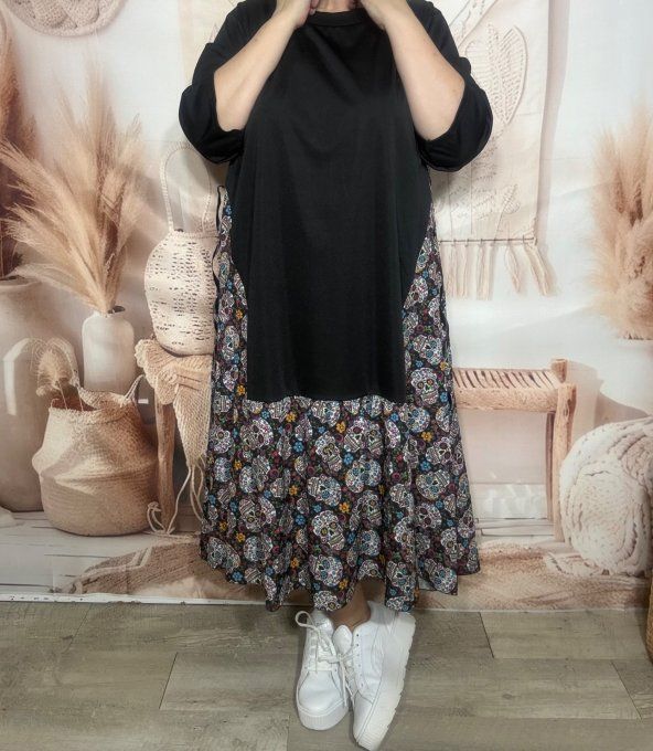 Robe mi-longue noire bi-matière Mexican Skulls Calaveras taille ajustable du 38 au 52  