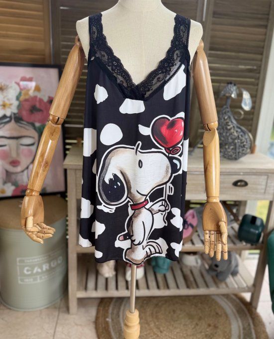Caraco Débardeur Top trapèze satiné mat & dentelle Snoopy In Love du 40 au 52