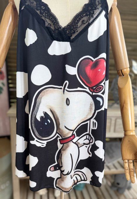 Caraco Débardeur Top trapèze satiné mat & dentelle Snoopy In Love du 40 au 52