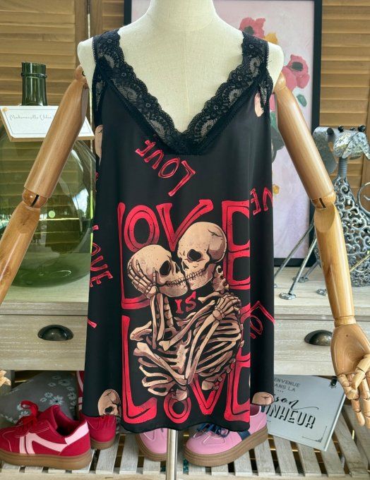 Caraco Débardeur Top trapèze satiné mat & dentelle Skulls in Love Skeleton du 40 au 52 
