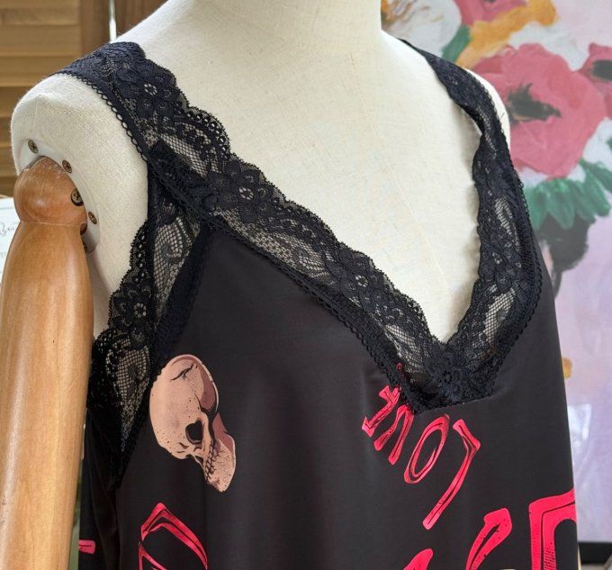 Caraco Débardeur Top trapèze satiné mat & dentelle Skulls in Love Skeleton du 40 au 52 