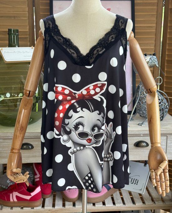 Caraco Débardeur Top trapèze satiné mat & dentelle pois blancs Betty Boop chic du 40 au 52   