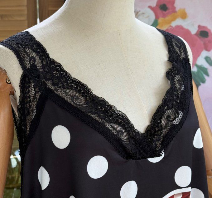 Caraco Débardeur Top trapèze satiné mat & dentelle pois blancs Betty Boop chic du 40 au 52   