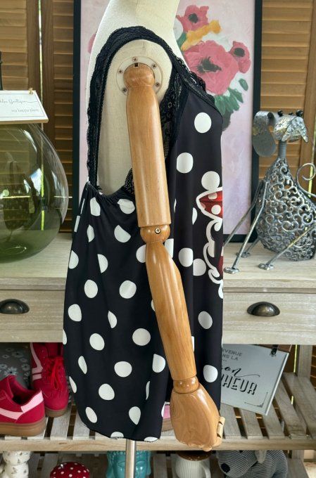 Caraco Débardeur Top trapèze satiné mat & dentelle pois blancs Betty Boop chic du 40 au 52   
