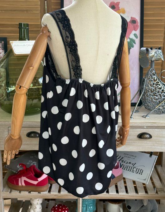 Caraco Débardeur Top trapèze satiné mat & dentelle pois blancs Betty Boop chic du 40 au 52   