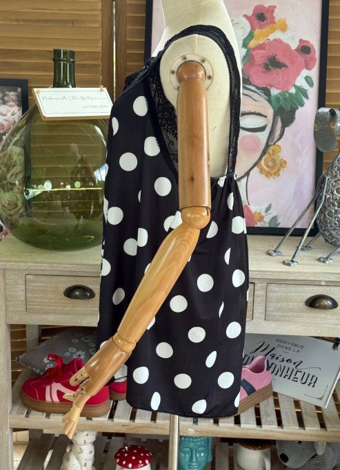 Caraco Débardeur Top trapèze satiné mat & dentelle pois blancs Betty Boop chic du 40 au 52   