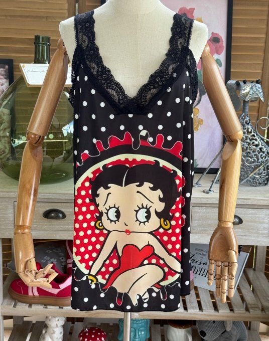 Caraco Débardeur Top trapèze satiné mat & dentelle pois blancs Betty Boop du 40 au 52  