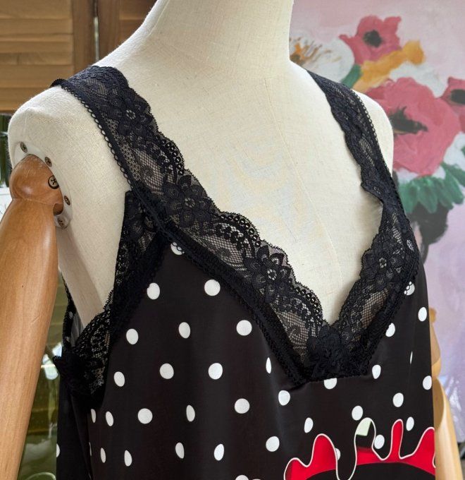 Caraco Débardeur Top trapèze satiné mat & dentelle pois blancs Betty Boop du 40 au 52  