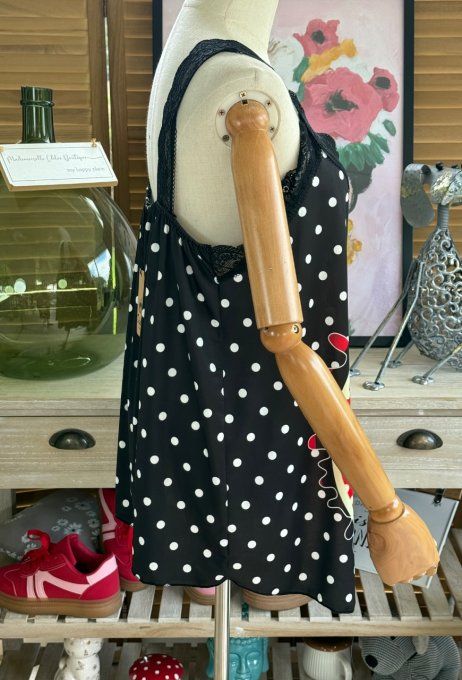 Caraco Débardeur Top trapèze satiné mat & dentelle pois blancs Betty Boop du 40 au 52  