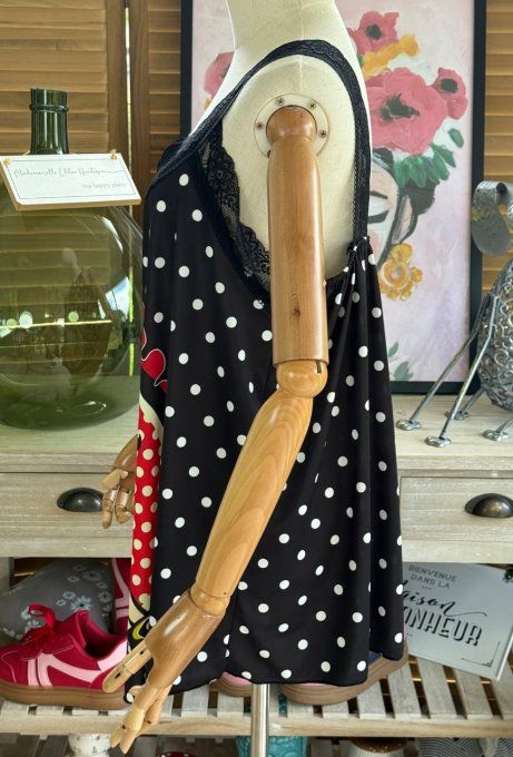 Caraco Débardeur Top trapèze satiné mat & dentelle pois blancs Betty Boop du 40 au 52  