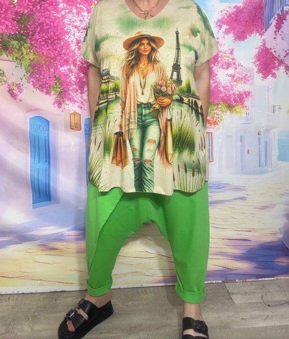 pantalon sarouel vert anis pan asymétrique confort ++++ du 42 au 52 