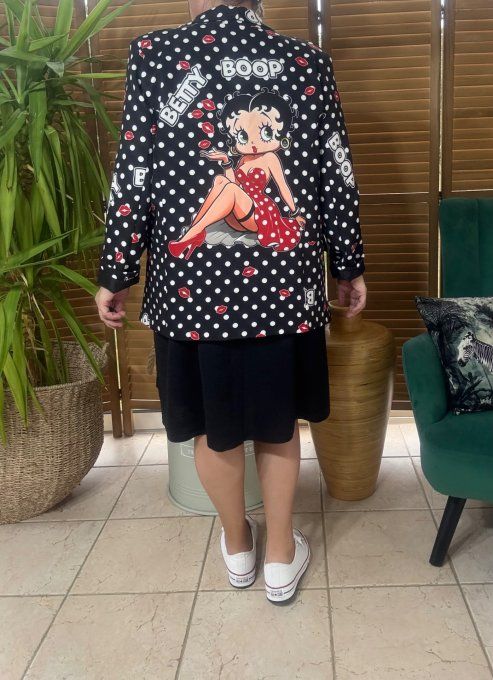 Veste blazer imprimée noire pois blancs Betty Boop du 38 au 46 et même + si portée entre-ouverte