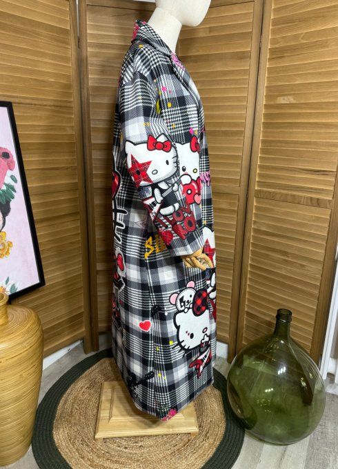 Manteau sans laine long droit ample Carreaux Tartan Hello Kitty du 40 au 48