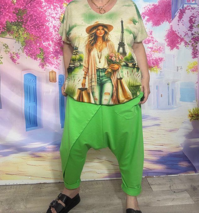 pantalon sarouel vert anis pan asymétrique confort ++++ du 42 au 52 