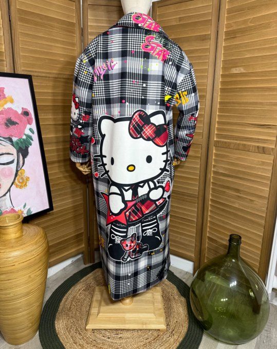 Manteau sans laine long droit ample Carreaux Tartan Hello Kitty du 40 au 48