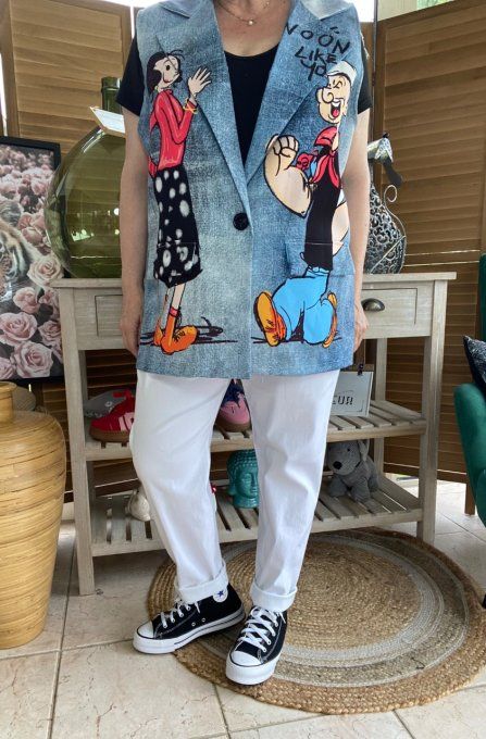 Gilet type barman sans manches effet jeans Popeye & Olive du 40 au 50 et même +