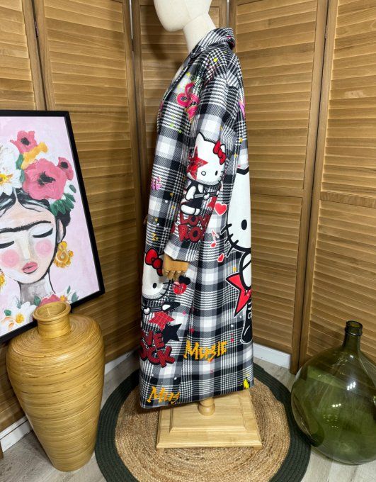 Manteau sans laine long droit ample Carreaux Tartan Hello Kitty du 40 au 48