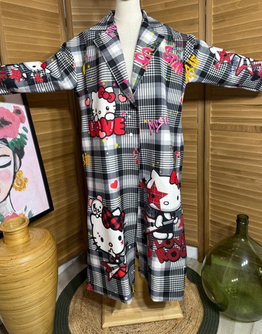 Manteau sans laine long droit ample Carreaux Tartan Hello Kitty du 40 au 48