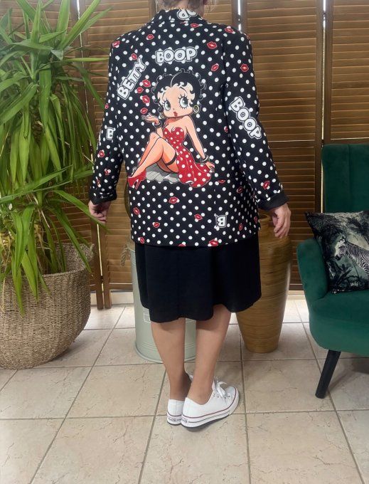 Veste blazer imprimée noire pois blancs Betty Boop du 38 au 46 et même + si portée entre-ouverte