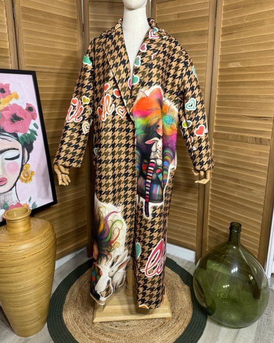 Manteau sans laine long droit ample Pieds de coq Camel Les Elfes et les Lapins du 40 au 48 