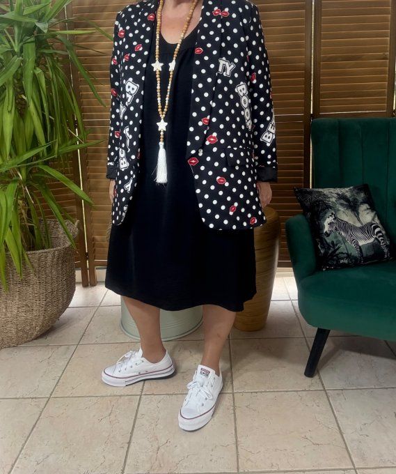 Veste blazer imprimée noire pois blancs Betty Boop du 38 au 46 et même + si portée entre-ouverte