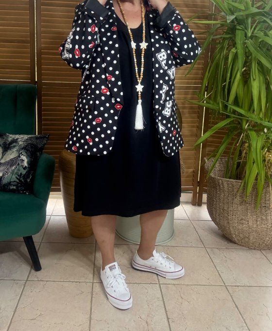 Veste blazer imprimée noire pois blancs Betty Boop du 38 au 46 et même + si portée entre-ouverte