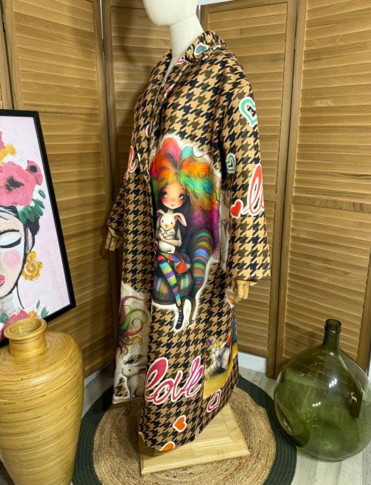 Manteau sans laine long droit ample Pieds de coq Camel Les Elfes et les Lapins du 40 au 48 