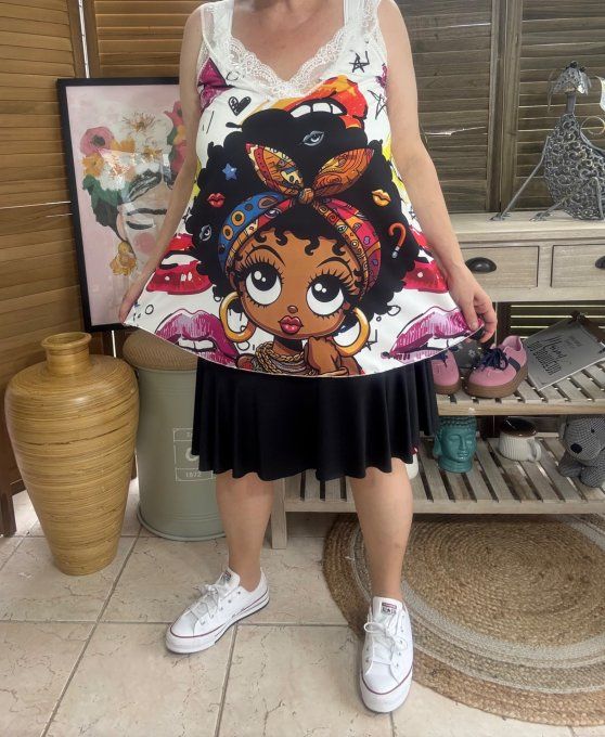 Caraco Débardeur Top trapèze satiné mat & dentelle African Pretty Girl du 40 au 52 