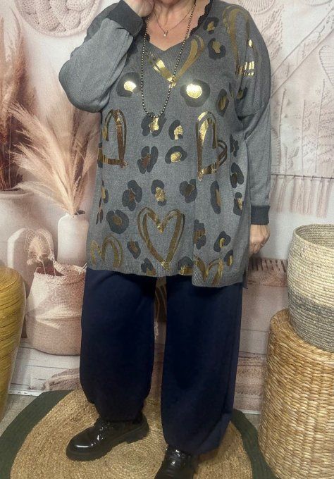 pull sans laine gris souris délavé coeurs dorés or douceur +++ du 40 au 52  