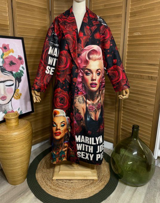 Manteau sans laine long droit ample Marylin Monroe aux Roses Rouges du 40 au 48