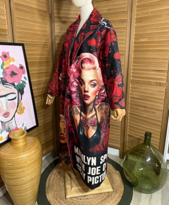 Manteau sans laine long droit ample Marylin Monroe aux Roses Rouges du 40 au 48