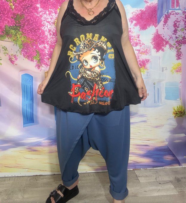 Caraco trapèze Lycra noir Betty Boop Country Girl bretelles dentelle noire confort ++ du 40 au 52