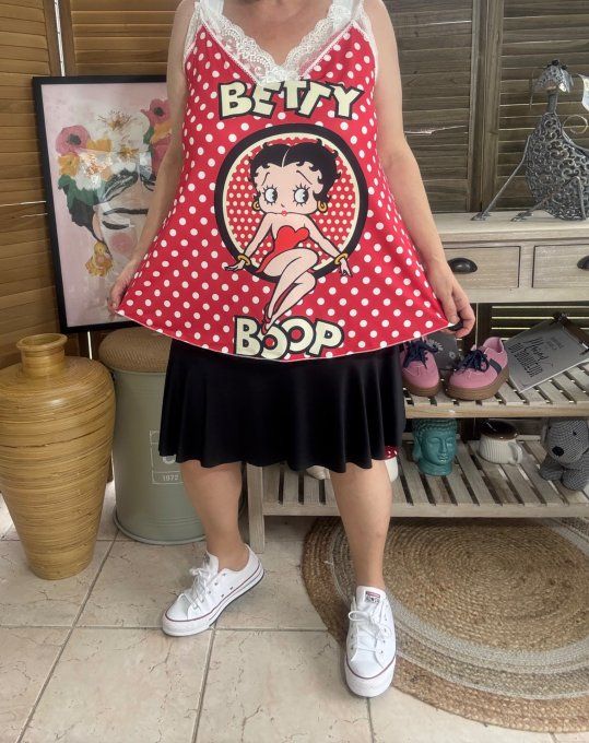 Caraco Débardeur Top trapèze satiné mat & dentelle rouge pois blancs Betty Boop du 40 au 52 