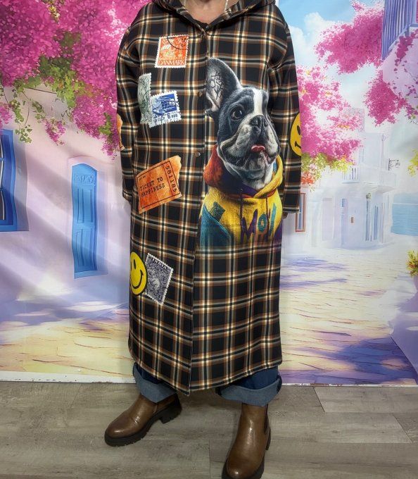 Manteau à capuche long Néoprène Tartan Chocolat Bouledogue du 36 au 46 et même + porté ouvert