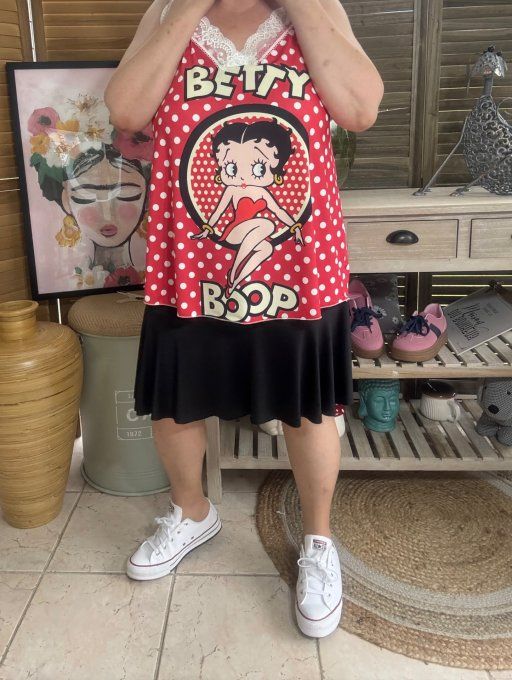 Caraco Débardeur Top trapèze satiné mat & dentelle rouge pois blancs Betty Boop du 40 au 52 