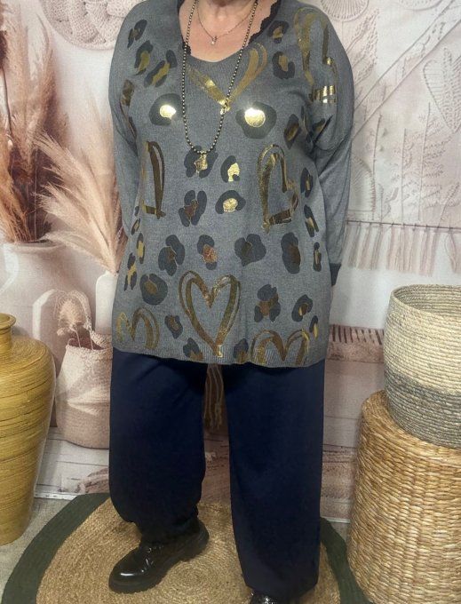 pull sans laine gris souris délavé coeurs dorés or douceur +++ du 40 au 52  